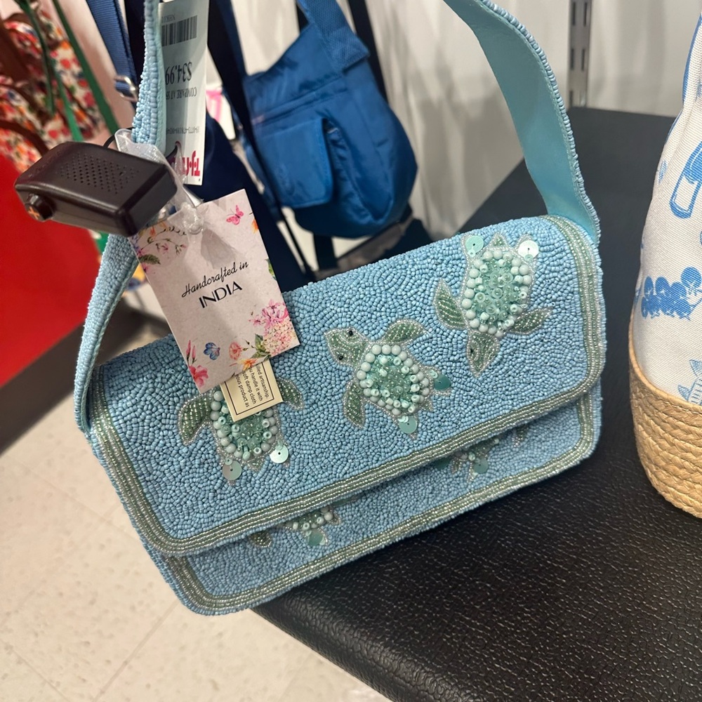 Embroidered Blue Turtle Handbag